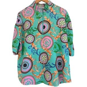 IBKÜL Sun Shirt XXL Teal Baroque Medallion 1/4 Zip Mock Neck UPF 50+ Icefil Top